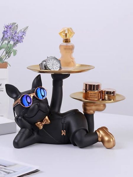Статуетка собака в окулярах з двома підносами у золотих черевиках. Фігурка, органайзер французького бульдога для інтер'єру 0938 фото