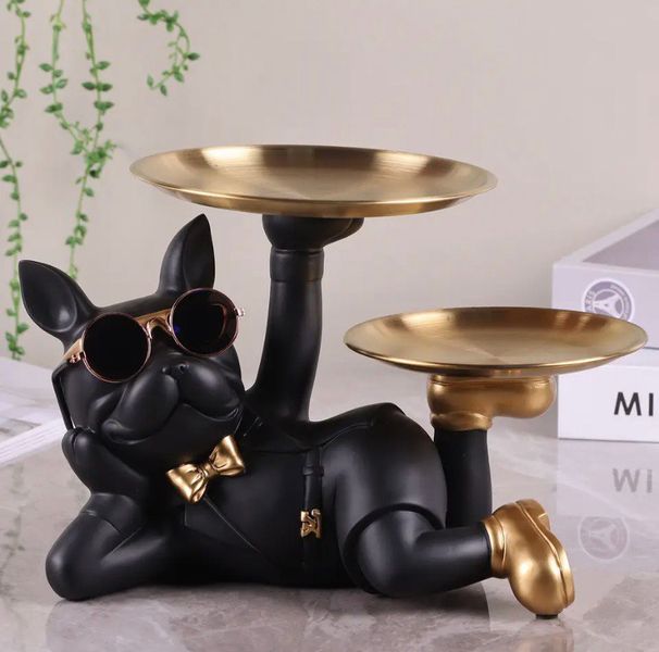 Статуетка собака в окулярах з двома підносами у золотих черевиках. Фігурка, органайзер французького бульдога для інтер'єру 0938 фото